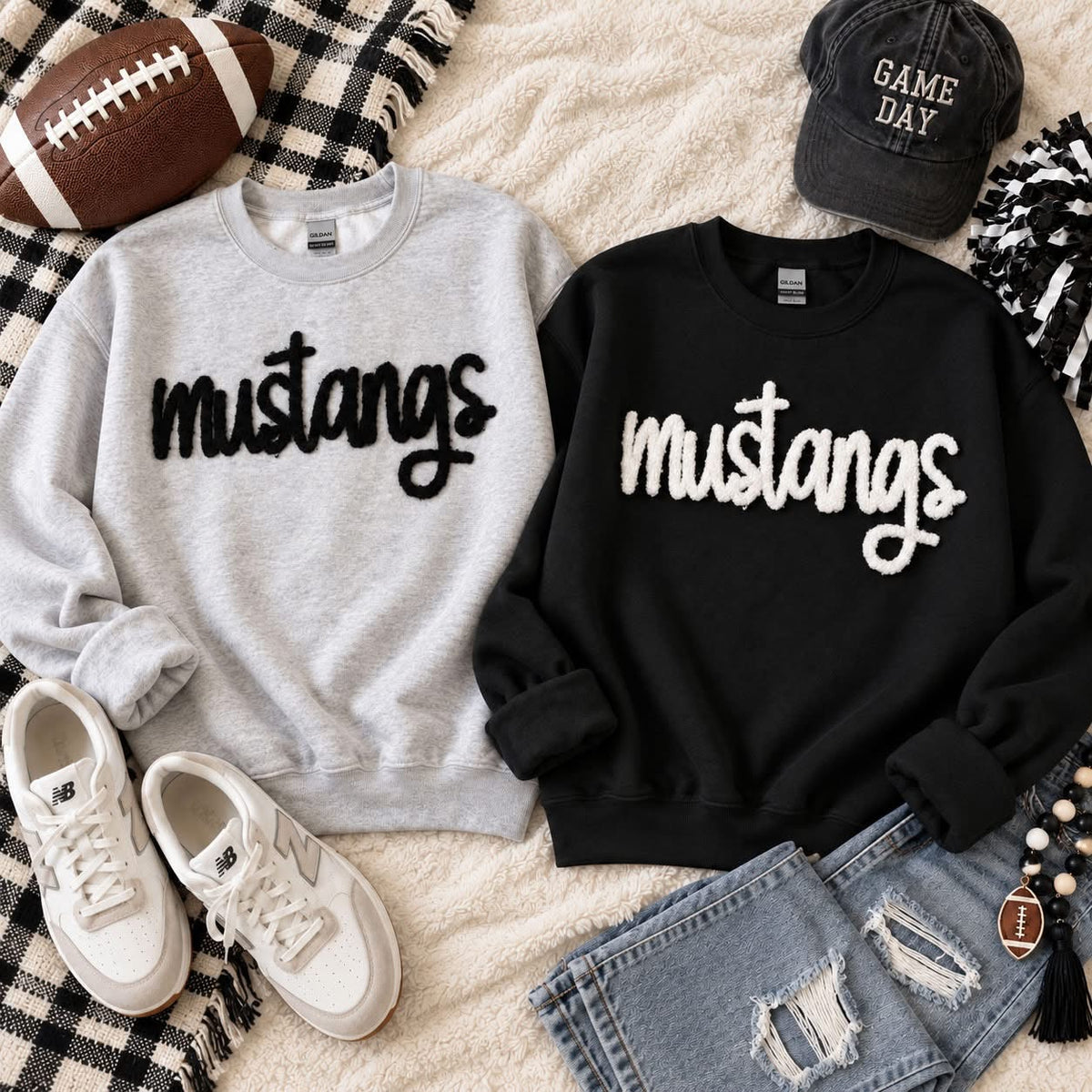 Custom Fuzzy Chenille Mascot Patch Sweatshirt or Tee | Personalized Game Day Shirt | School Spirit Top