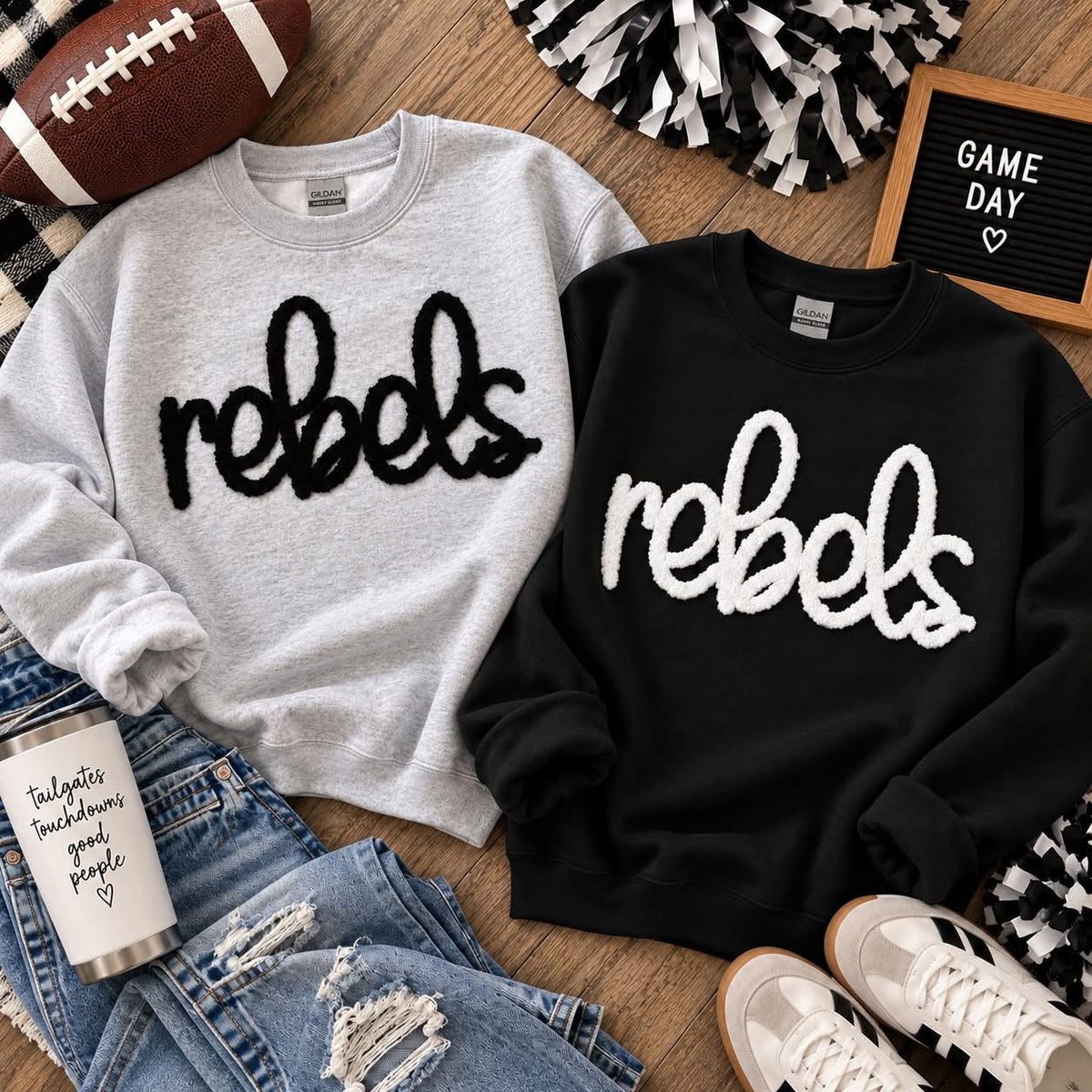 Custom Fuzzy Chenille Mascot Patch Sweatshirt or Tee | Personalized Game Day Shirt | School Spirit Top