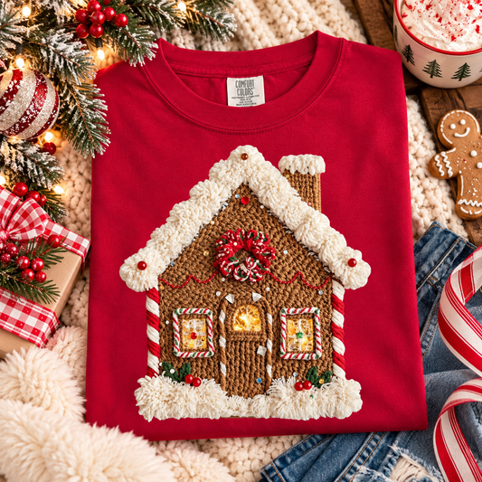 Faux Yarn Gingerbread House Christmas Tee