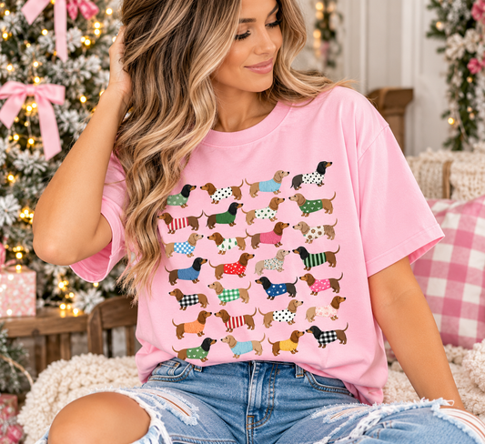 Winter Weiner Sweater Tee | Pink Dachshund Graphic Tee