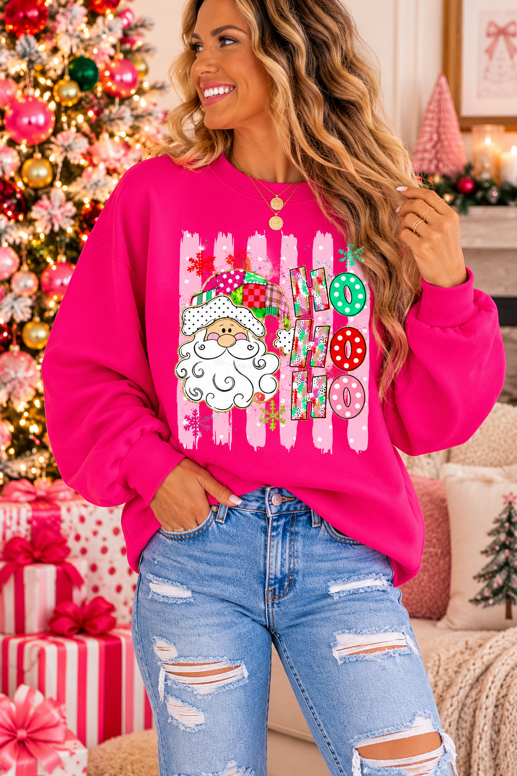Pink Ho Ho Ho Santa Sweatshirt | Colorful Christmas Crewneck