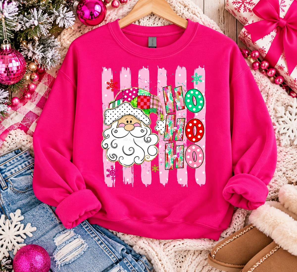 Pink Ho Ho Ho Santa Sweatshirt | Colorful Christmas Crewneck