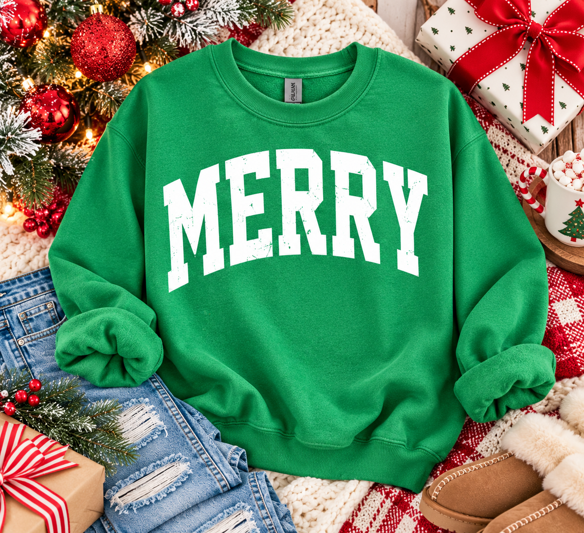 Distressed Merry Sweatshirt | Green Christmas Crewneck