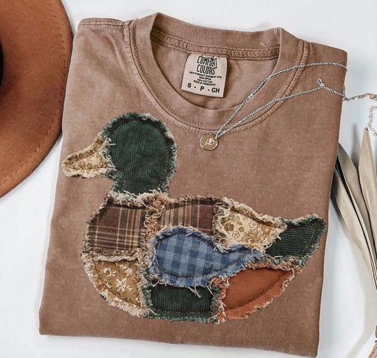 Faux Fringe Mallard Patchwork Graphic Tee & Sweatshirt