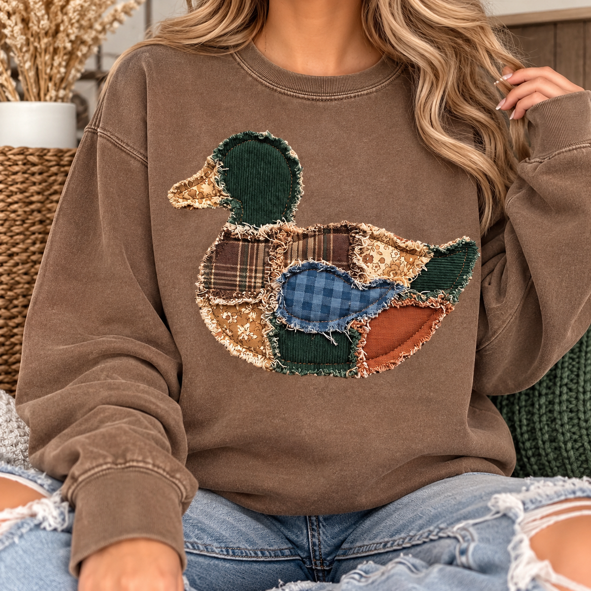 Faux Fringe Mallard Patchwork Graphic Tee & Sweatshirt