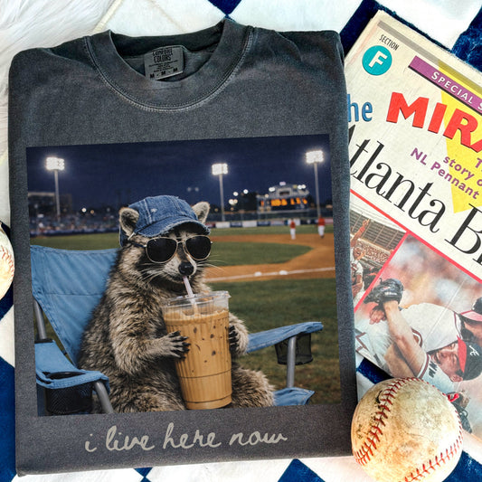 I Live Here Now Baseball Raccoon Tee
