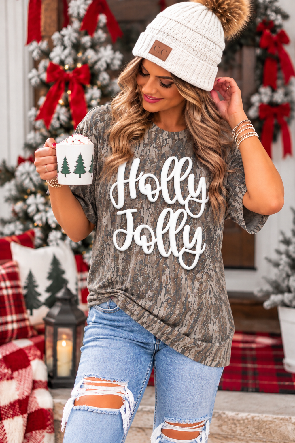 Holly Jolly Mossy Oak Bottomland Christmas Tee | Custom Puff & Metallic Print