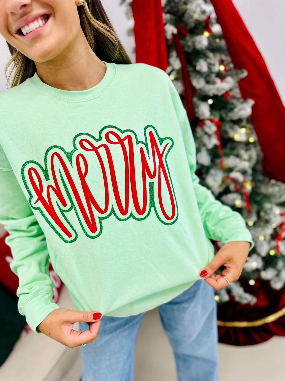 Merry Glitter & Puff Christmas Sweatshirt | Mint Green