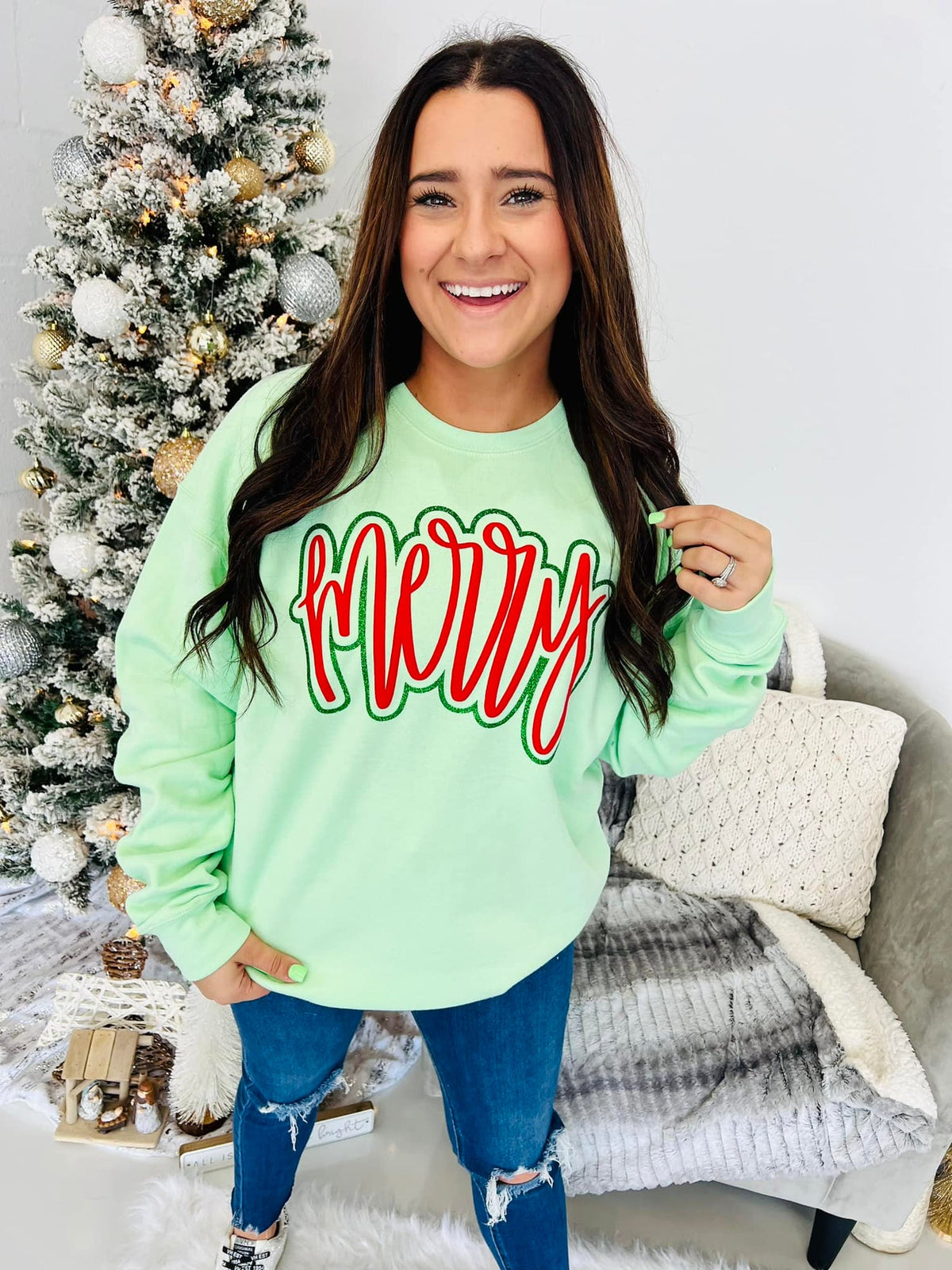 Merry Glitter & Puff Christmas Sweatshirt | Mint Green