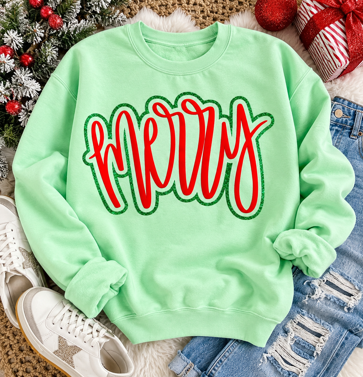 Merry Glitter & Puff Christmas Sweatshirt | Mint Green