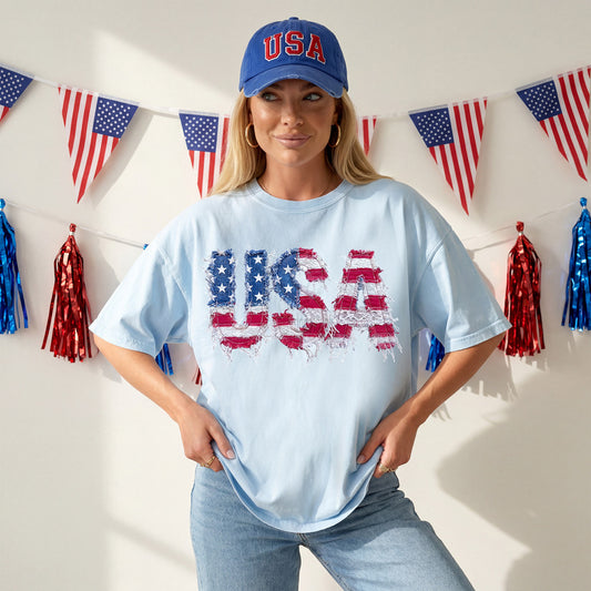 Faux Frayed Fabric Patchwork USA Tee