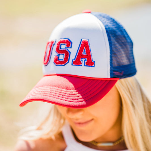 USA in Red Chenille with Blue Glitter on Foam Trucker Hat