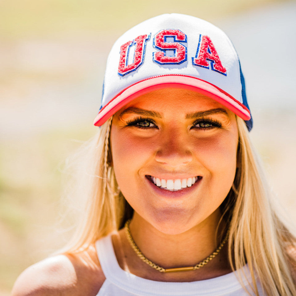 USA in Red Chenille with Blue Glitter on Foam Trucker Hat