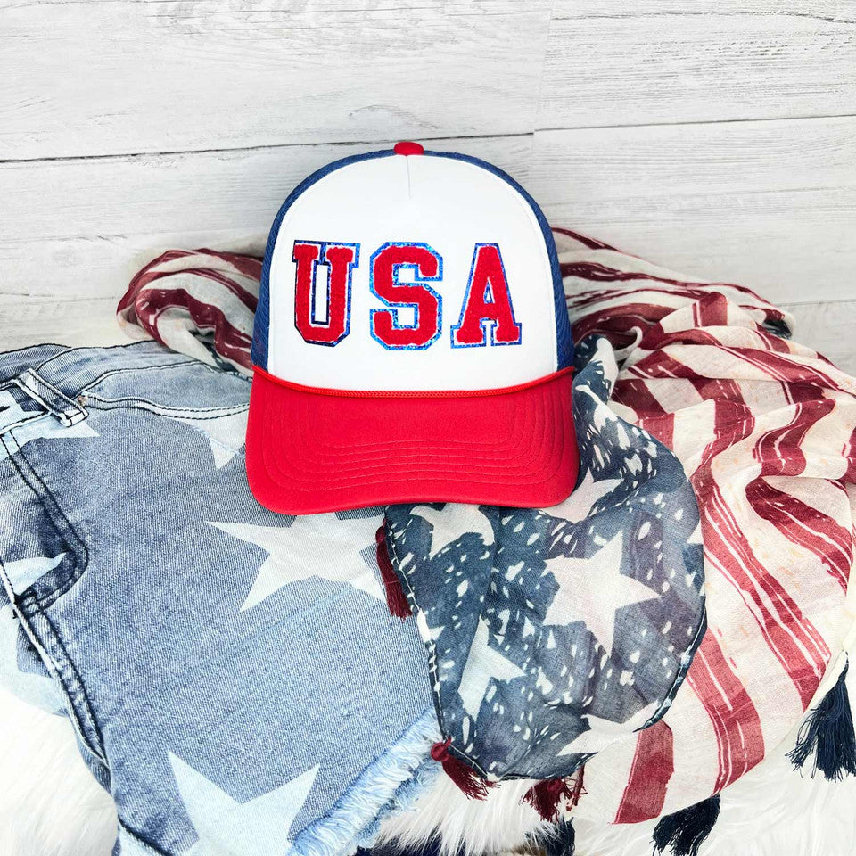 USA in Red Chenille with Blue Glitter on Foam Trucker Hat