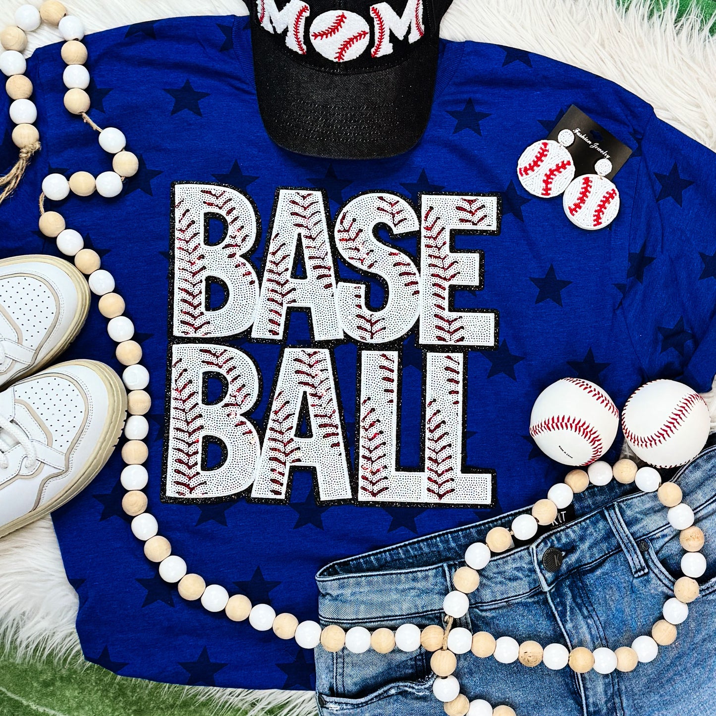 Baseball Words Sequin Patch Star Tee