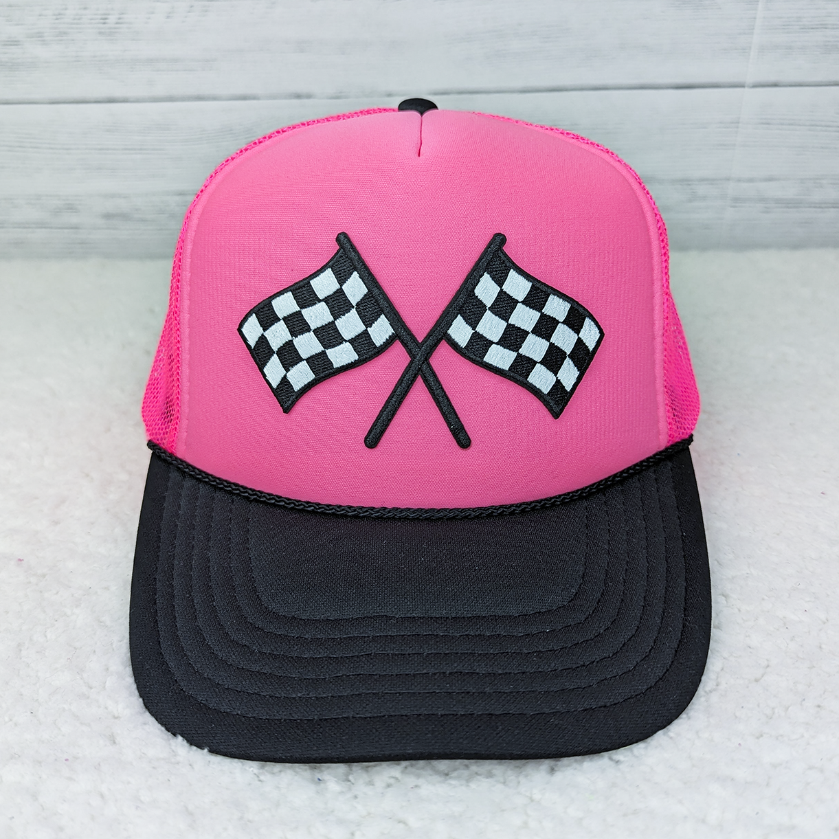 Embroidered Checkered Flags Patch Full Neon Trucker Cap