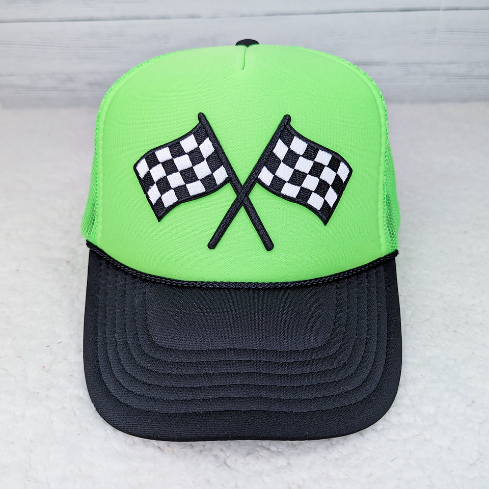 Embroidered Checkered Flags Patch Full Neon Trucker Cap