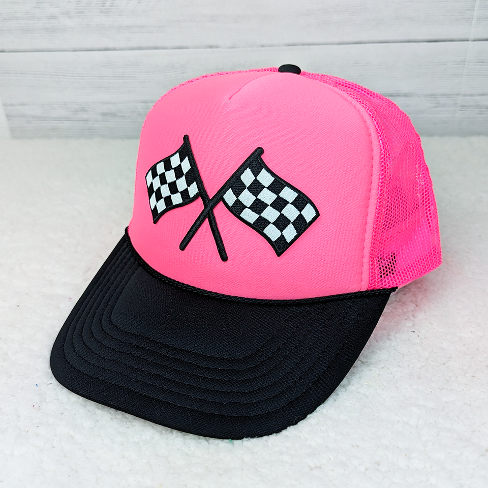 Embroidered Checkered Flags Patch Full Neon Trucker Cap