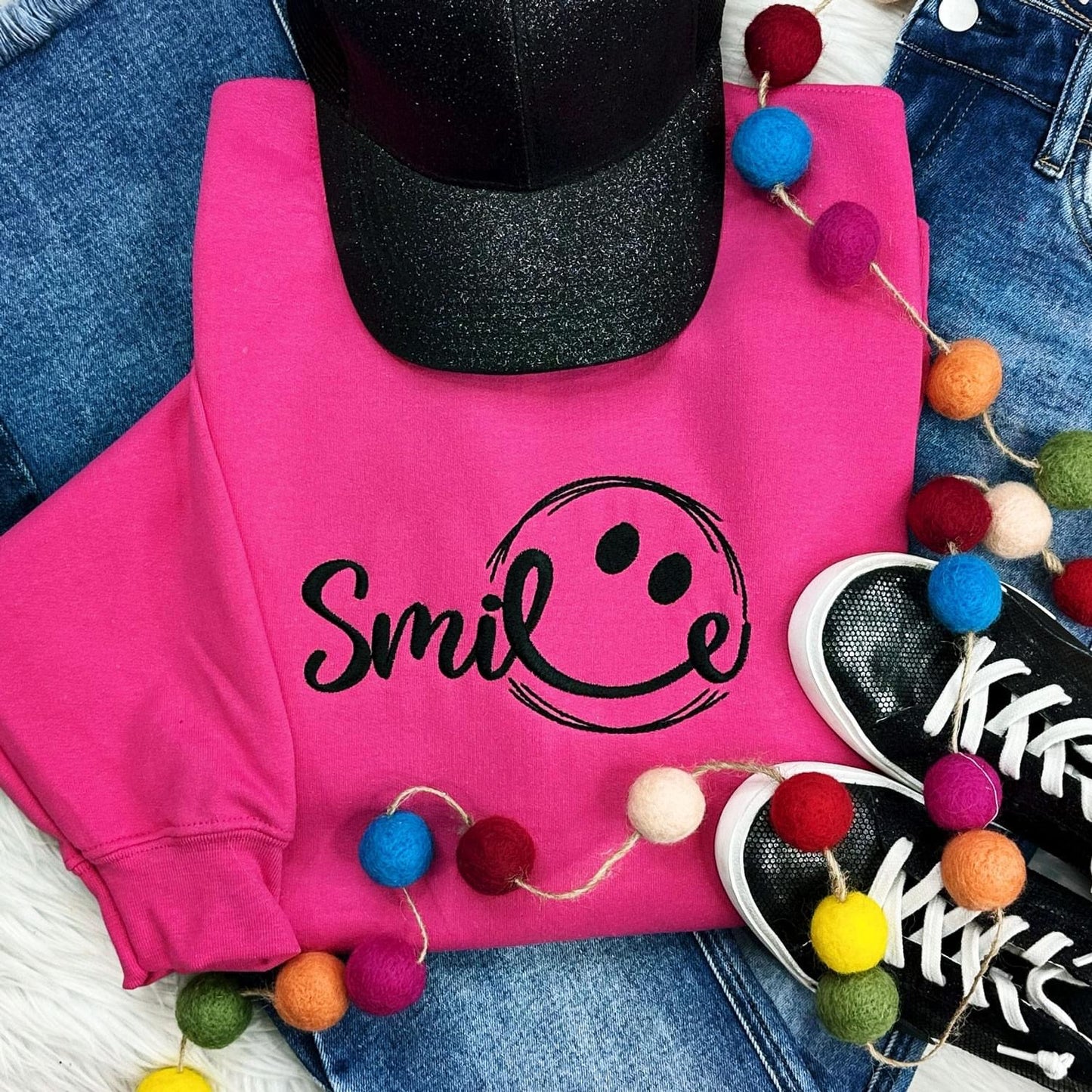 Smile Embroidered Crewneck Sweatshirt