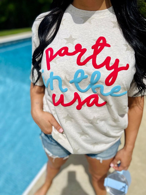 Party In The USA Puff Tee | Patriotic Star Graphic Shirt
