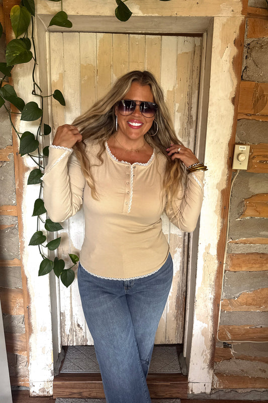 PREORDER - Rosie Lace Henley Top | Long Sleeve Layering Top