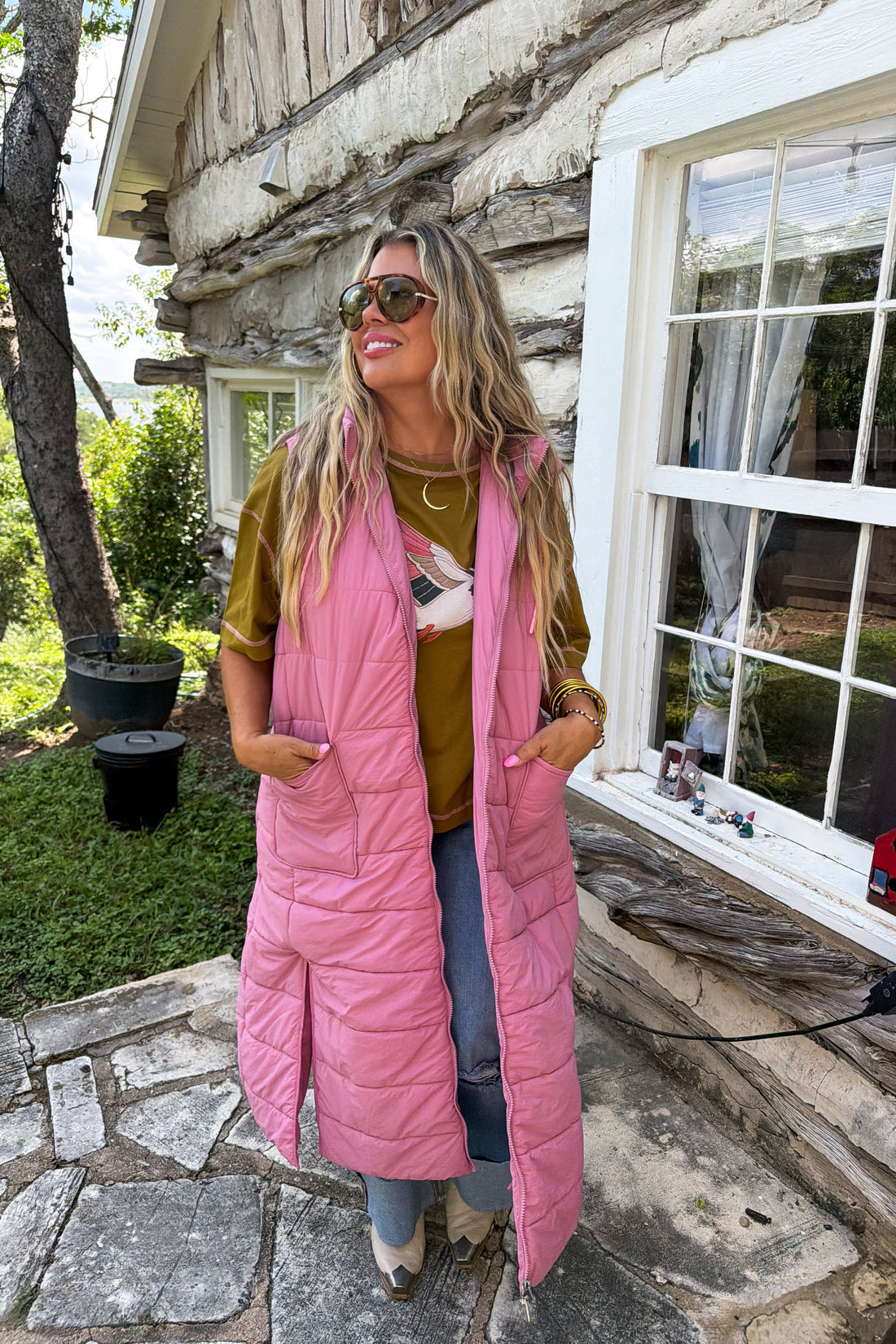 PREORDER - Wild Oak Quilted Puffer Vest | Pink Longline Vest