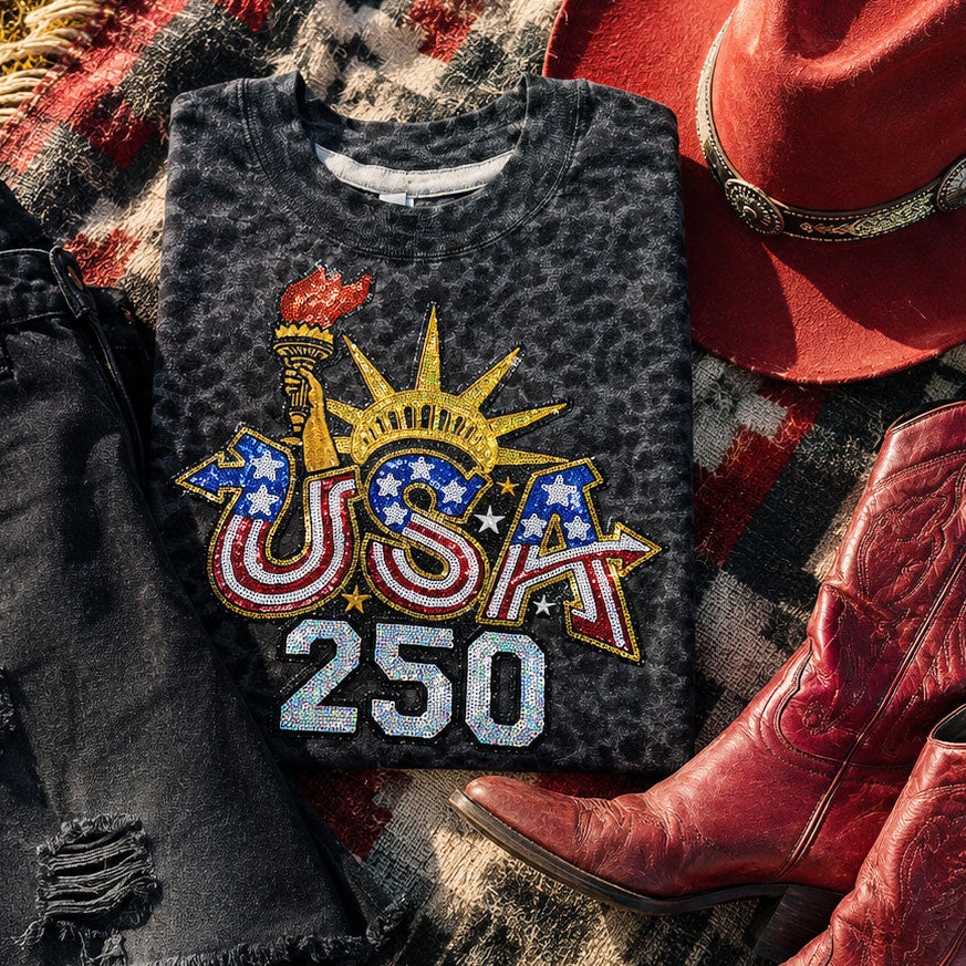 USA 250 Sequin Patch Tee | Patriotic Graphic Tee