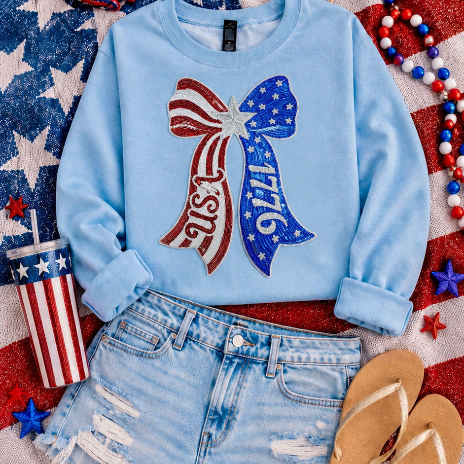 1776 USA Sequin Bow Sweatshirt | Patriotic Pullover