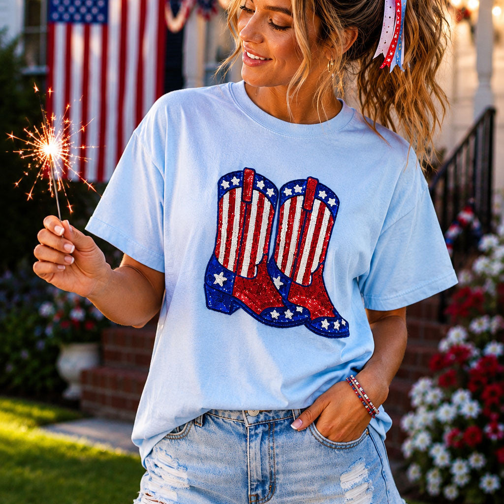 Patriotic Sequin Cowboy Boots Tee | USA Western Graphic Tee