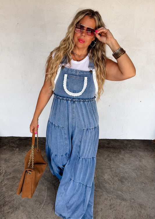 LIMITED - Boho & Lace Denim Overalls | Wide Leg Denim Jumpsuit