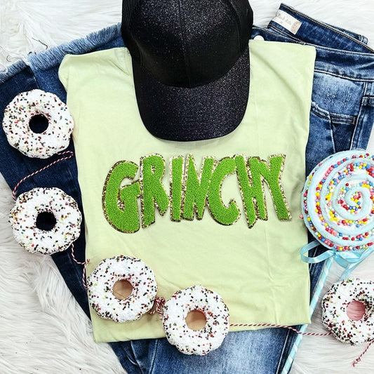 Green Chenille Patch Christmas Tee | Spring Green Holiday T-Shirt