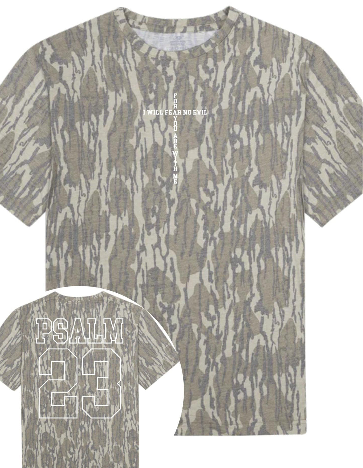 PSALM 23 Verse Front & Back Cross Mossy Oak Camo Graphic Tee ✝️🌿