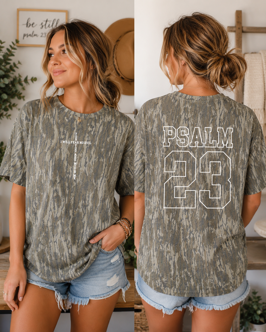 PSALM 23 Verse Front & Back Cross Mossy Oak Camo Graphic Tee ✝️🌿