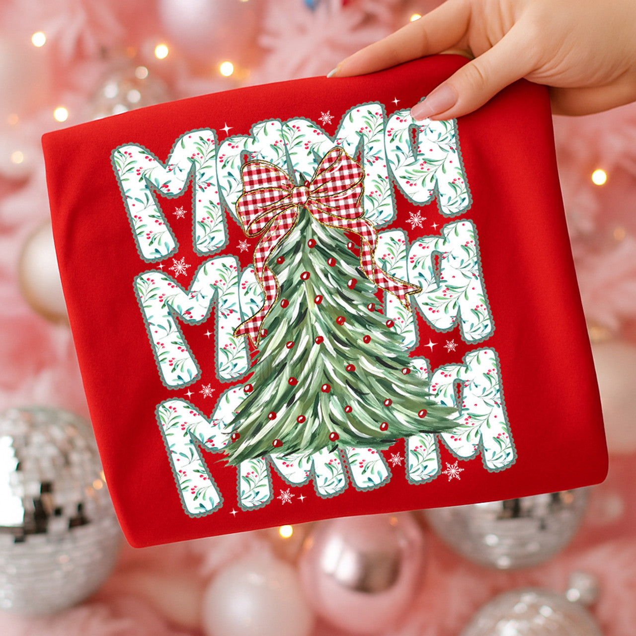 Mama Holly Gingham Bow Christmas Tree Tee