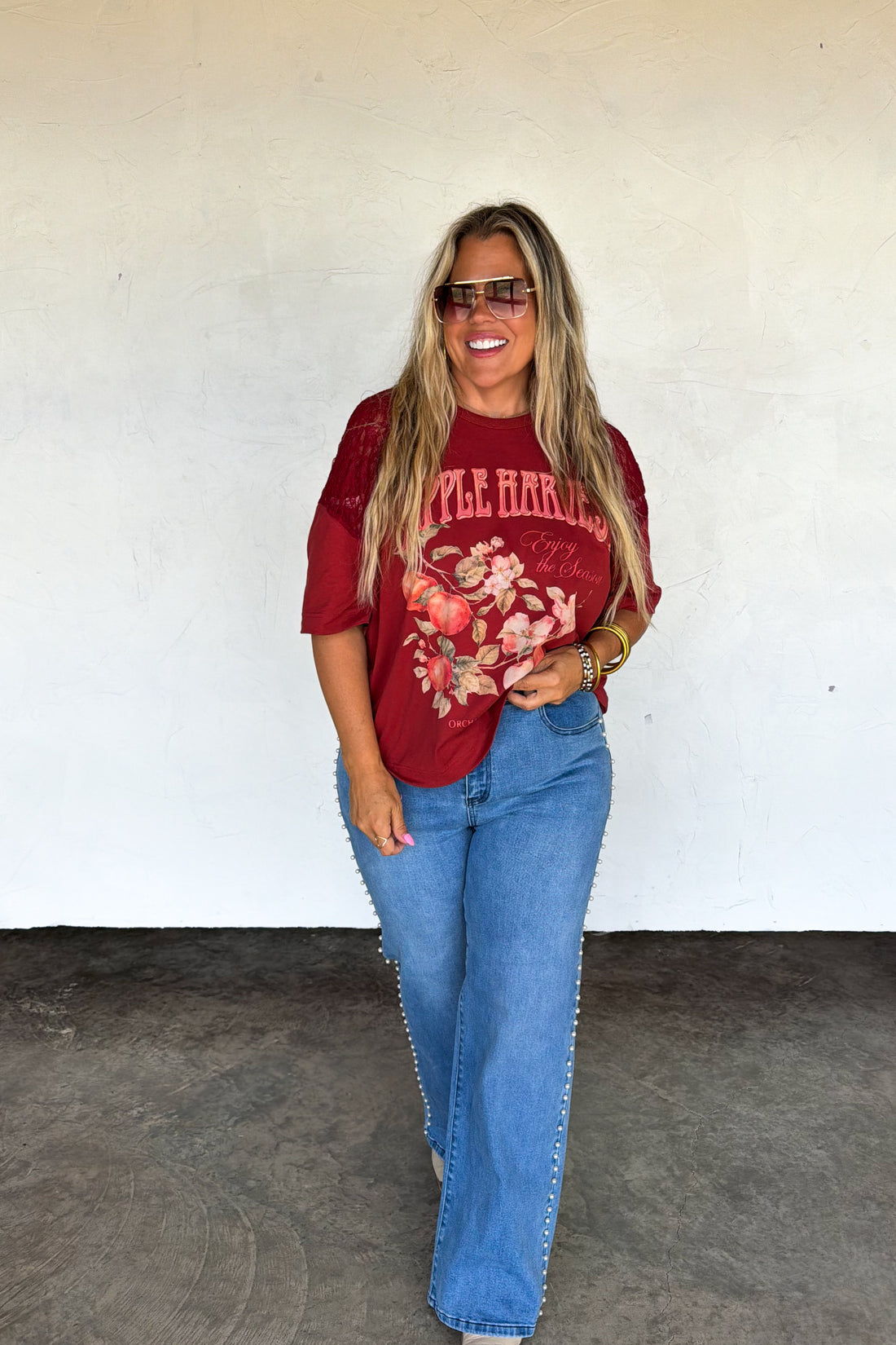 PREORDER- LACE SHOULDER APPLE HARVEST TEE