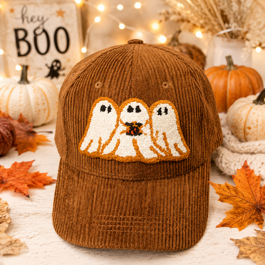 Brown Corduroy Hat With Ghosts Chenille Patch