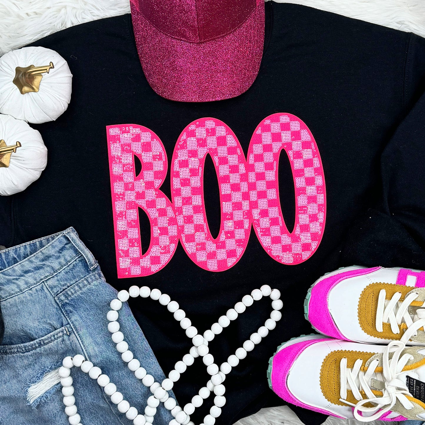 Checkered Pink BOO Patch Crewneck/Tee