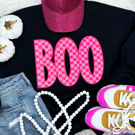 Checkered Pink BOO Patch Crewneck/Tee
