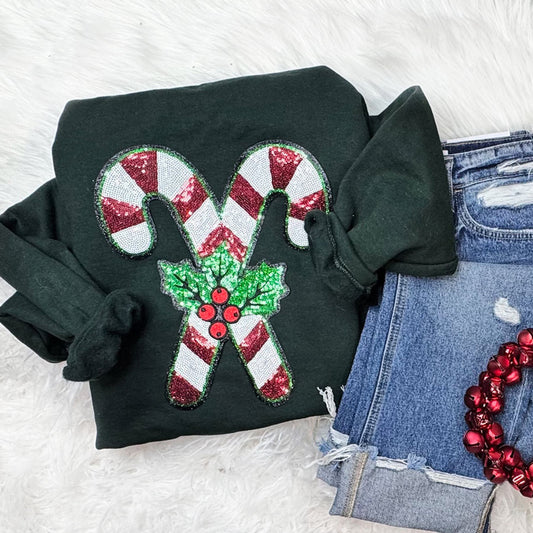 Candy Cane Sequin Patch Christmas Sweatshirt | Holly Holiday Crewneck