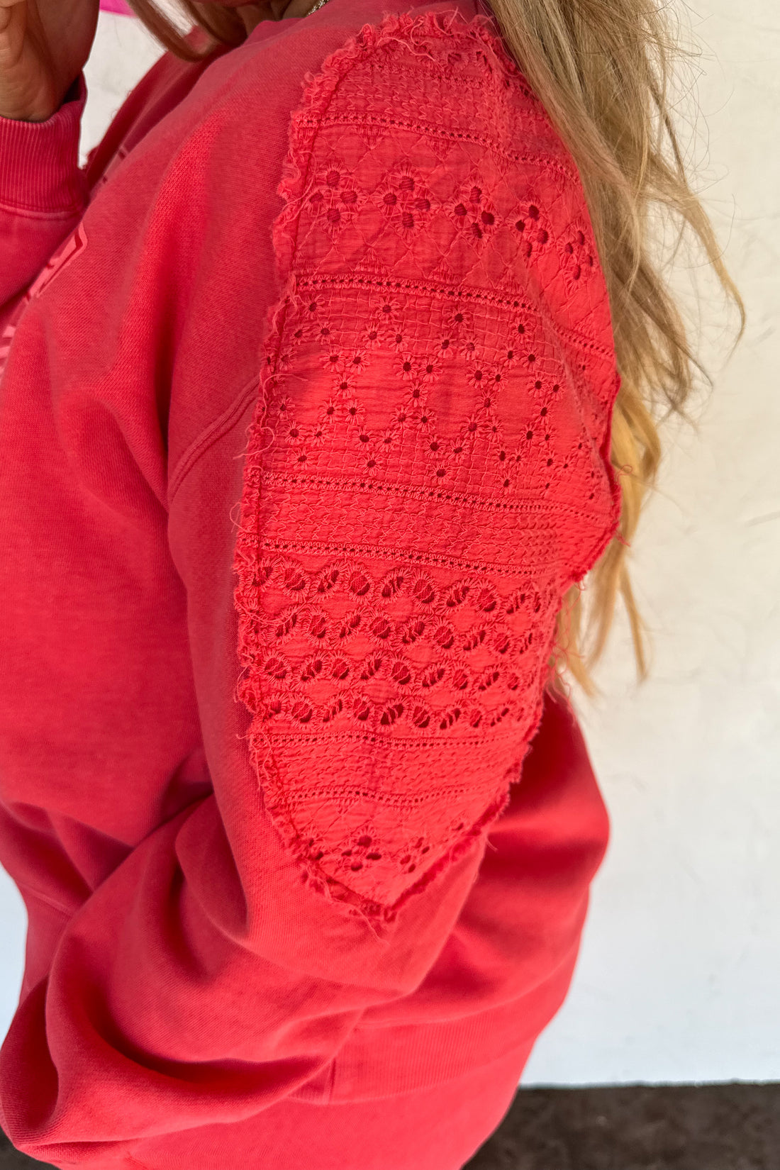 PREORDER- HEART BREAKER PULLOVER WITH LACE SLEEVE DETAIL