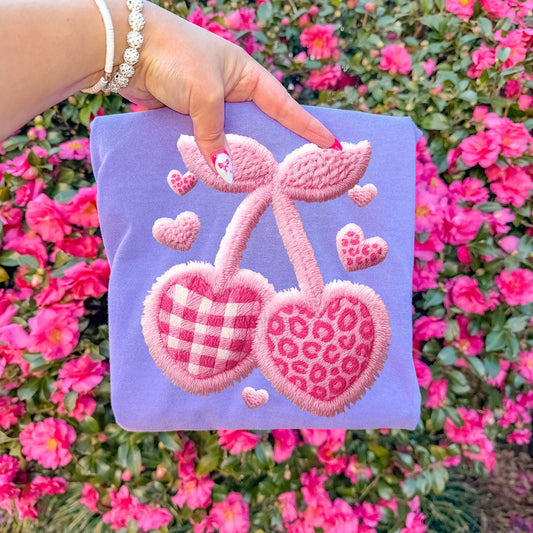 Faux Yarn Pink Pattern Heart Cherries Tee