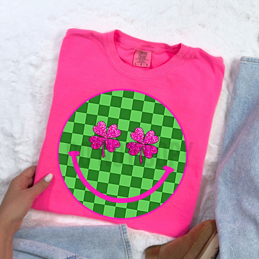 Faux Glitter Checkered Shamrock Happy Face Tee