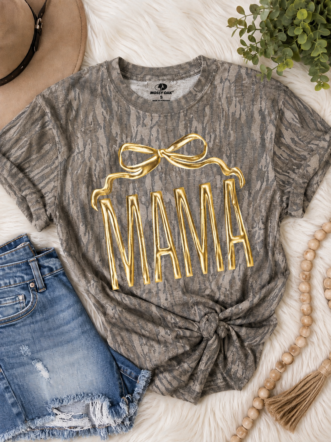 Metallic Gold Bow MAMA Tee | Mossy Oak Camo Graphic T-Shirt