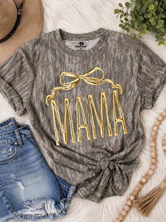 Metallic Gold Bow MAMA Tee | Mossy Oak Camo Graphic T-Shirt