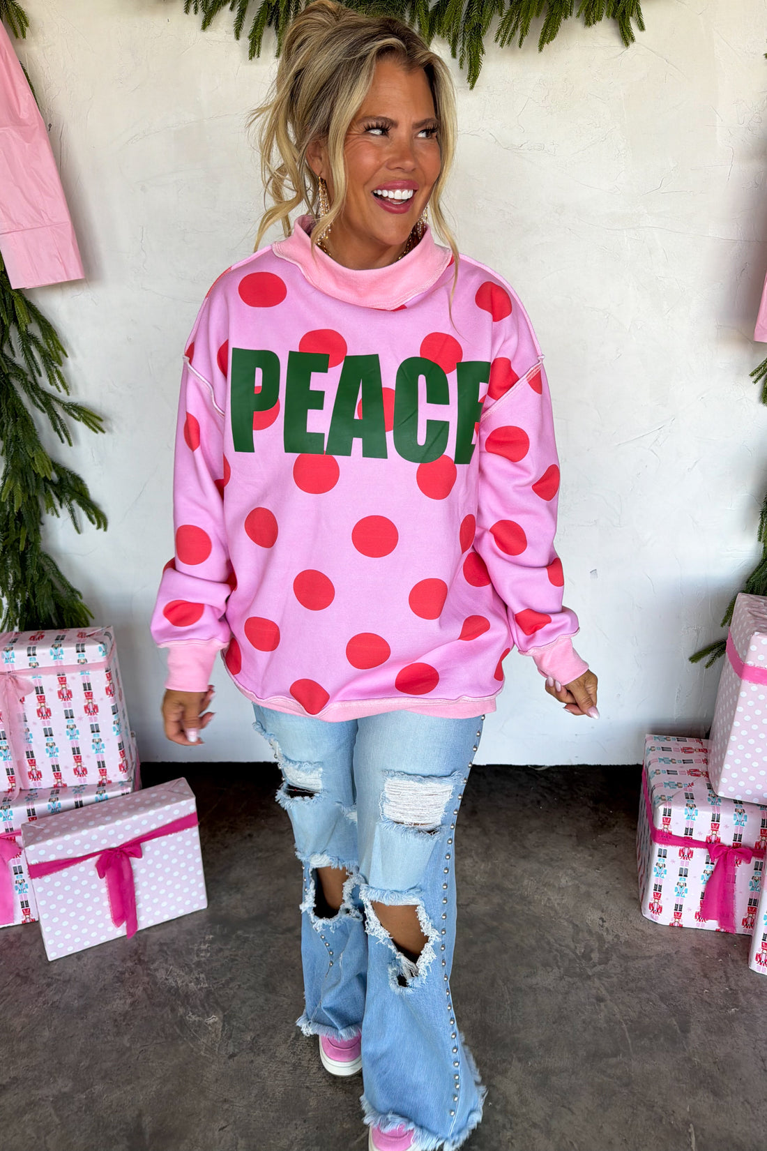 PREORDER- PEACE & POLKA DOT MOCK NECK PULLOVER