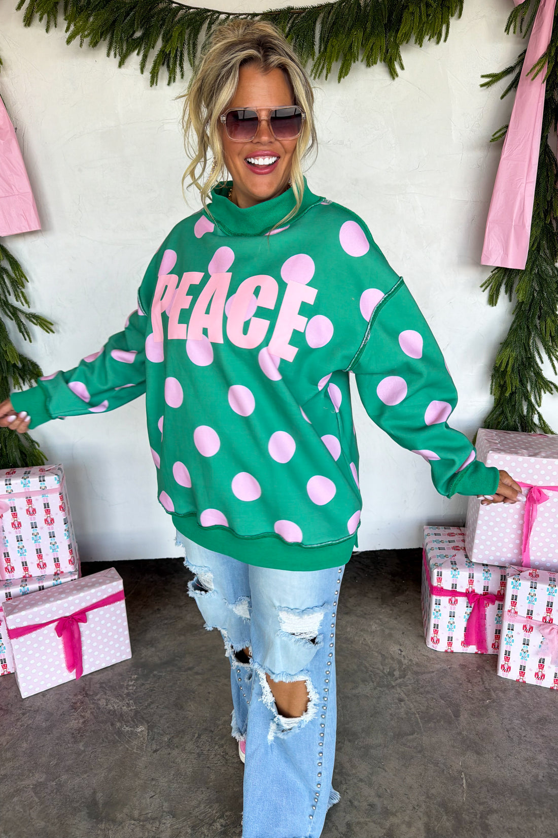PREORDER- PEACE & POLKA DOT MOCK NECK PULLOVER