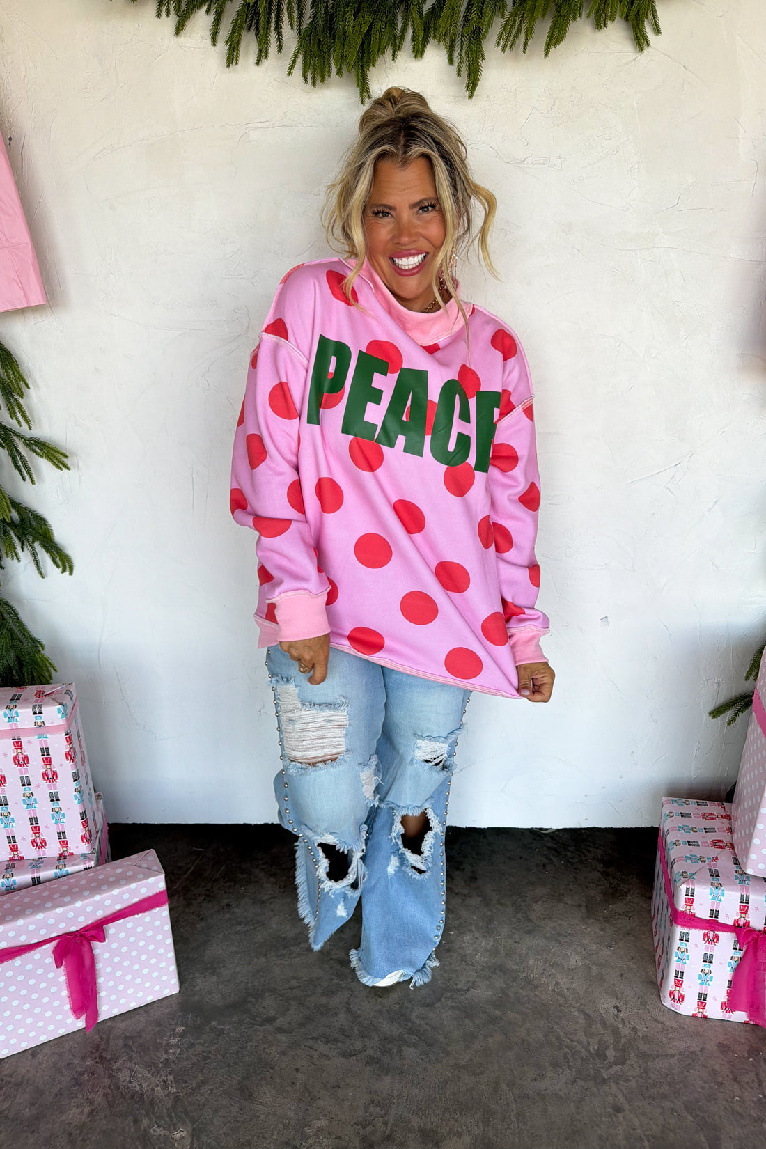 PREORDER- PEACE & POLKA DOT MOCK NECK PULLOVER