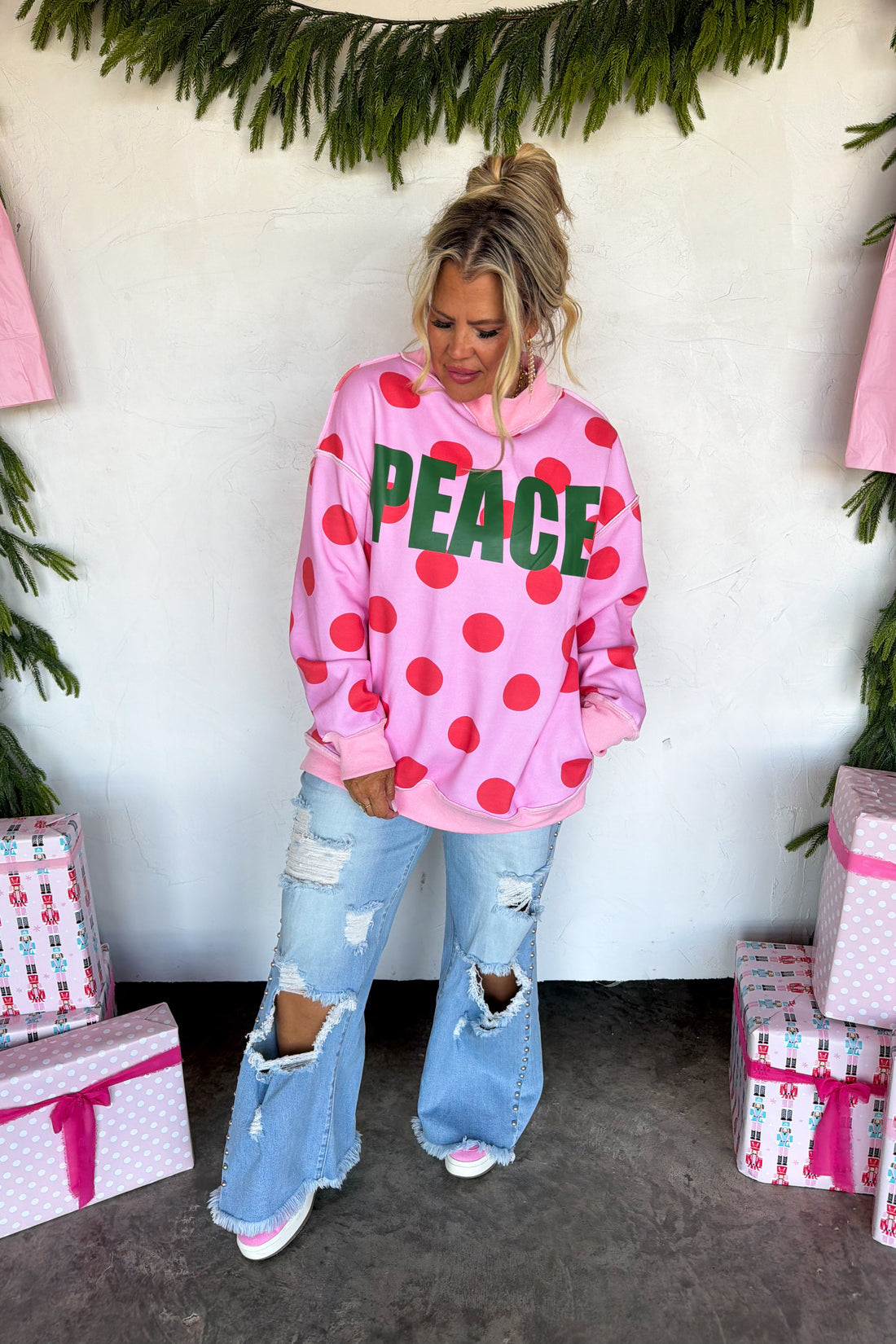 PREORDER- PEACE & POLKA DOT MOCK NECK PULLOVER