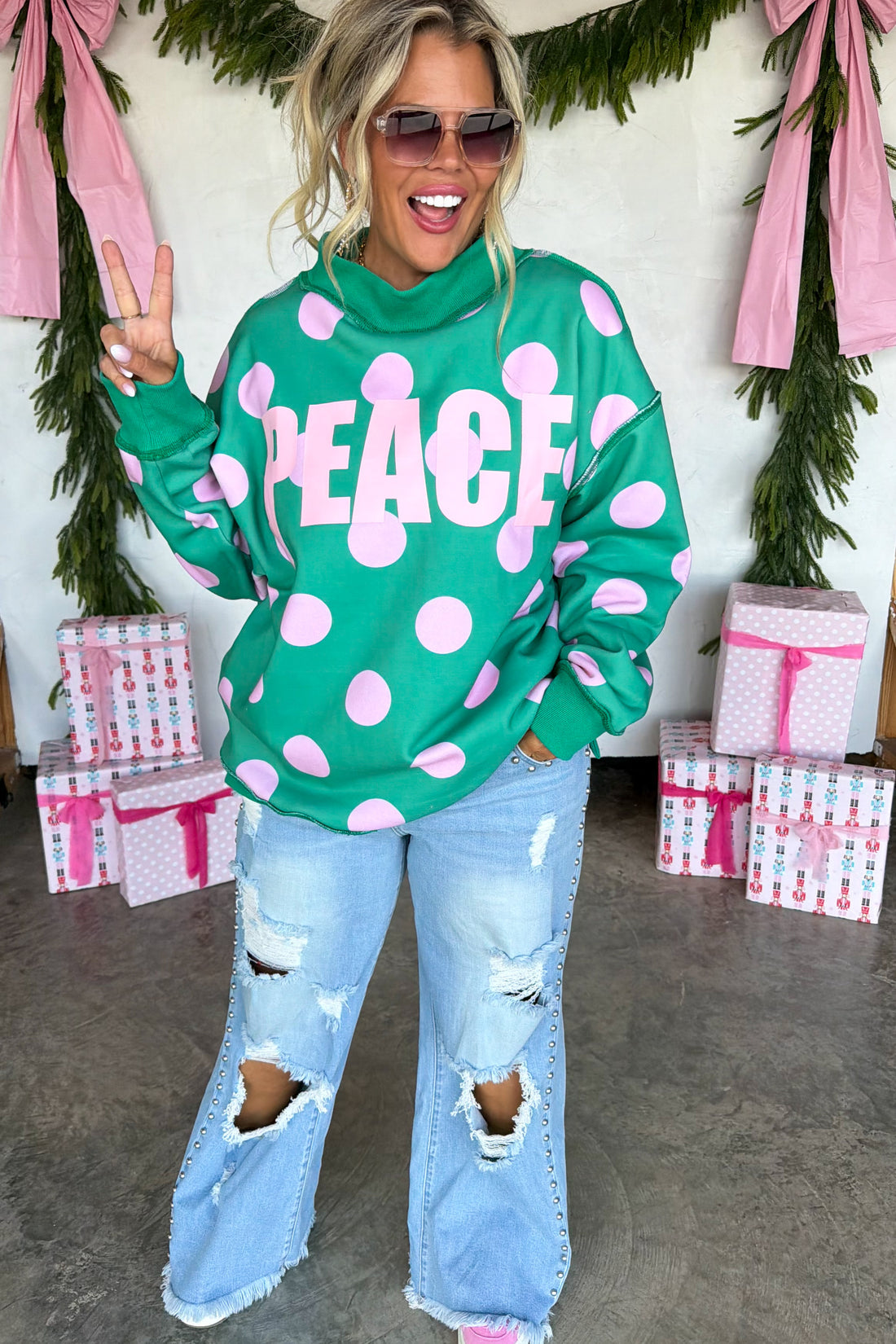 PREORDER- PEACE & POLKA DOT MOCK NECK PULLOVER