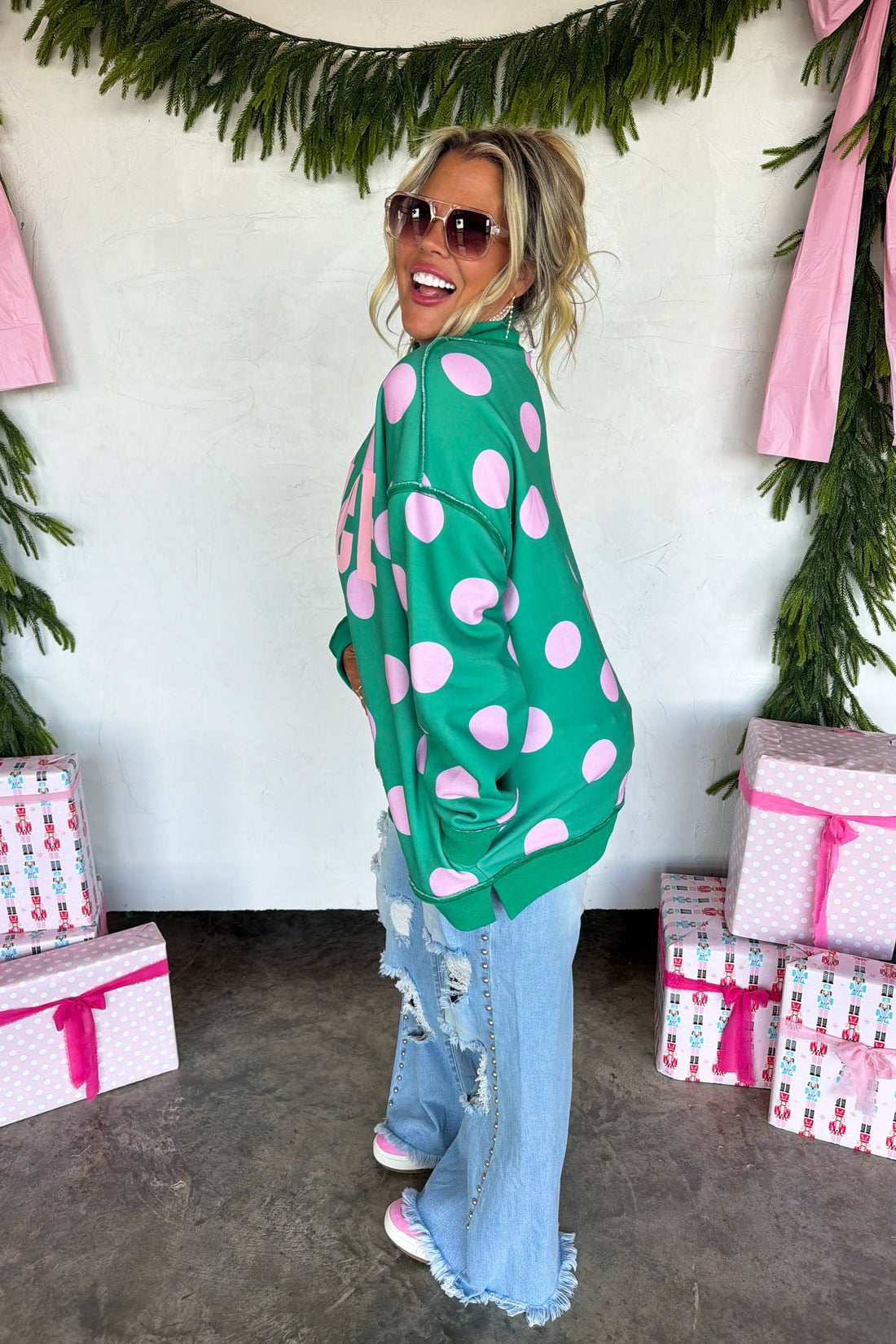 PREORDER- PEACE & POLKA DOT MOCK NECK PULLOVER